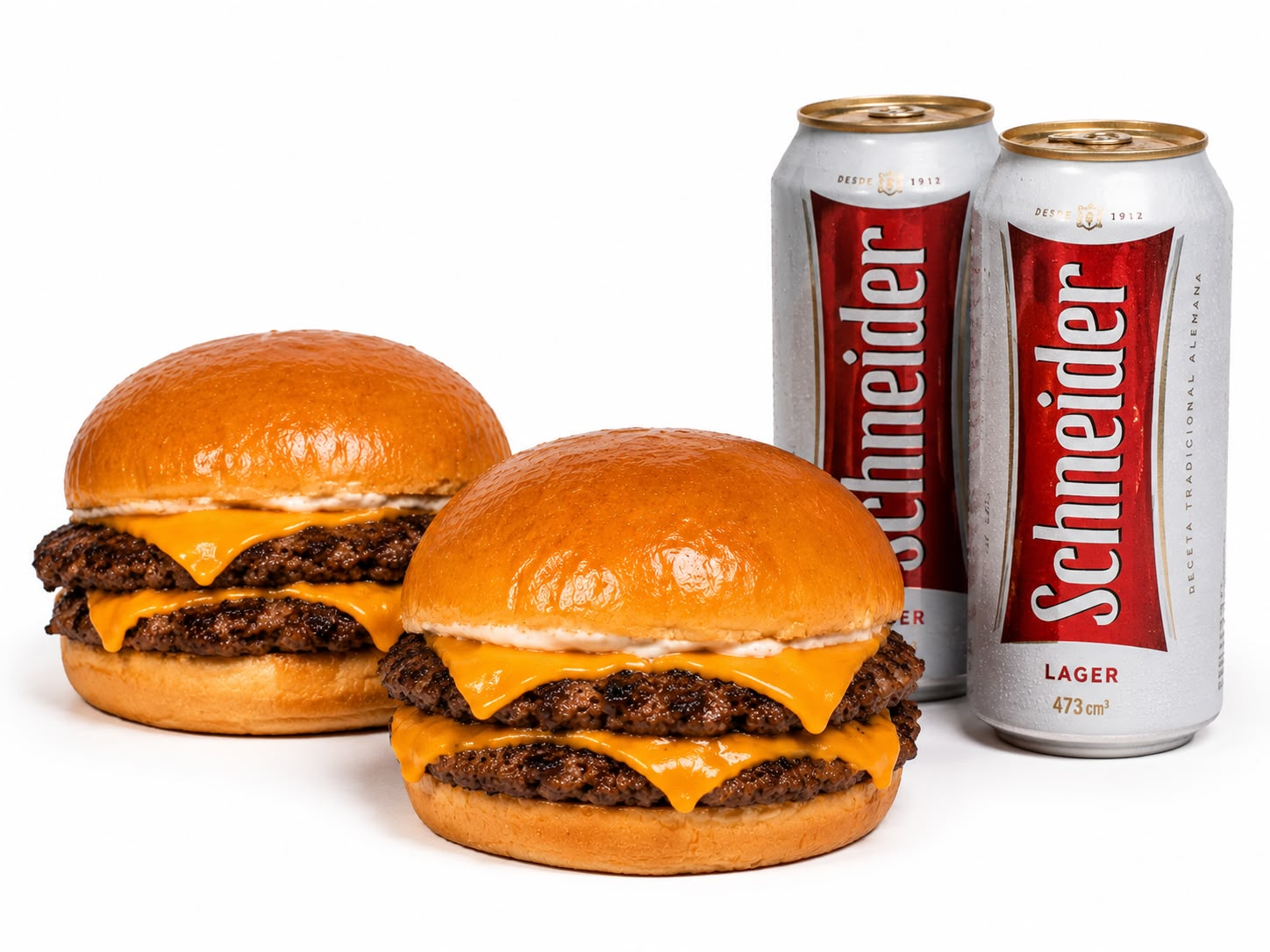 2 Cheese Burgers Dobles + 2 latas Schneider.