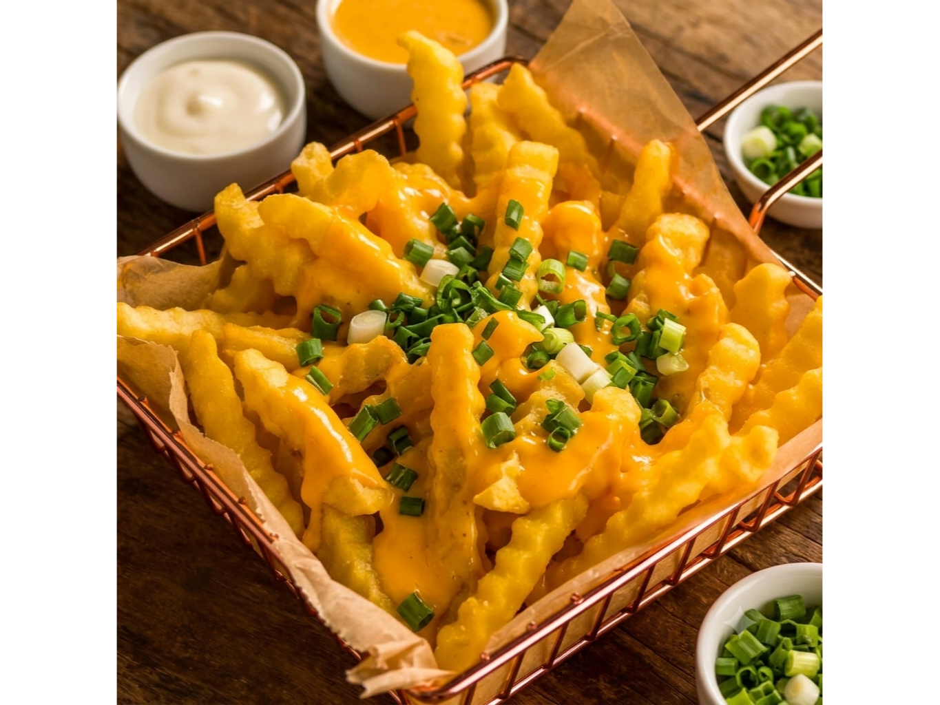 Papas con cheddar y verdeo