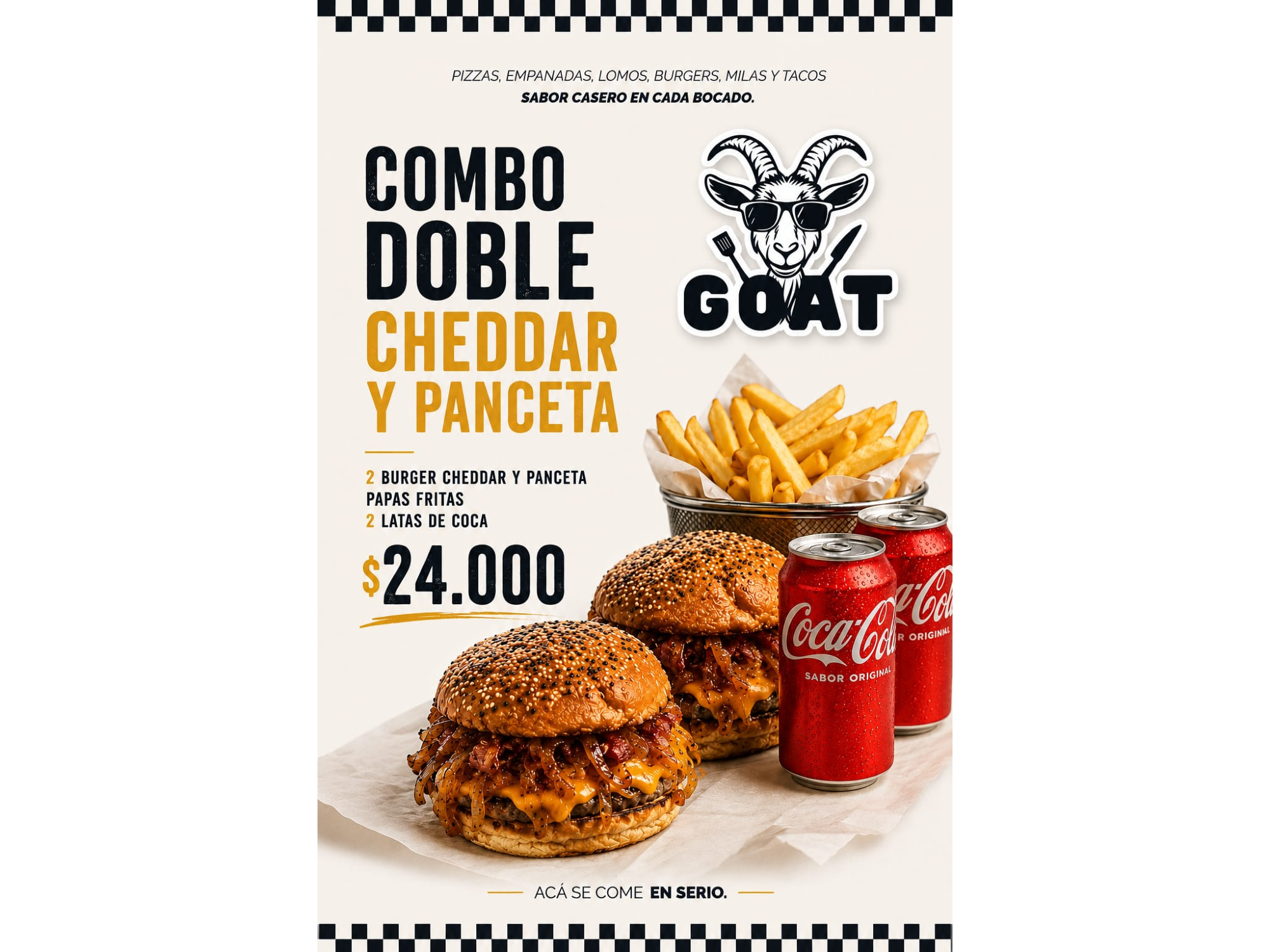 2 BURGUER CHEDDAR Y PANCETA + PAPAS FRITAS + 2 LATAS DE COCA COLA