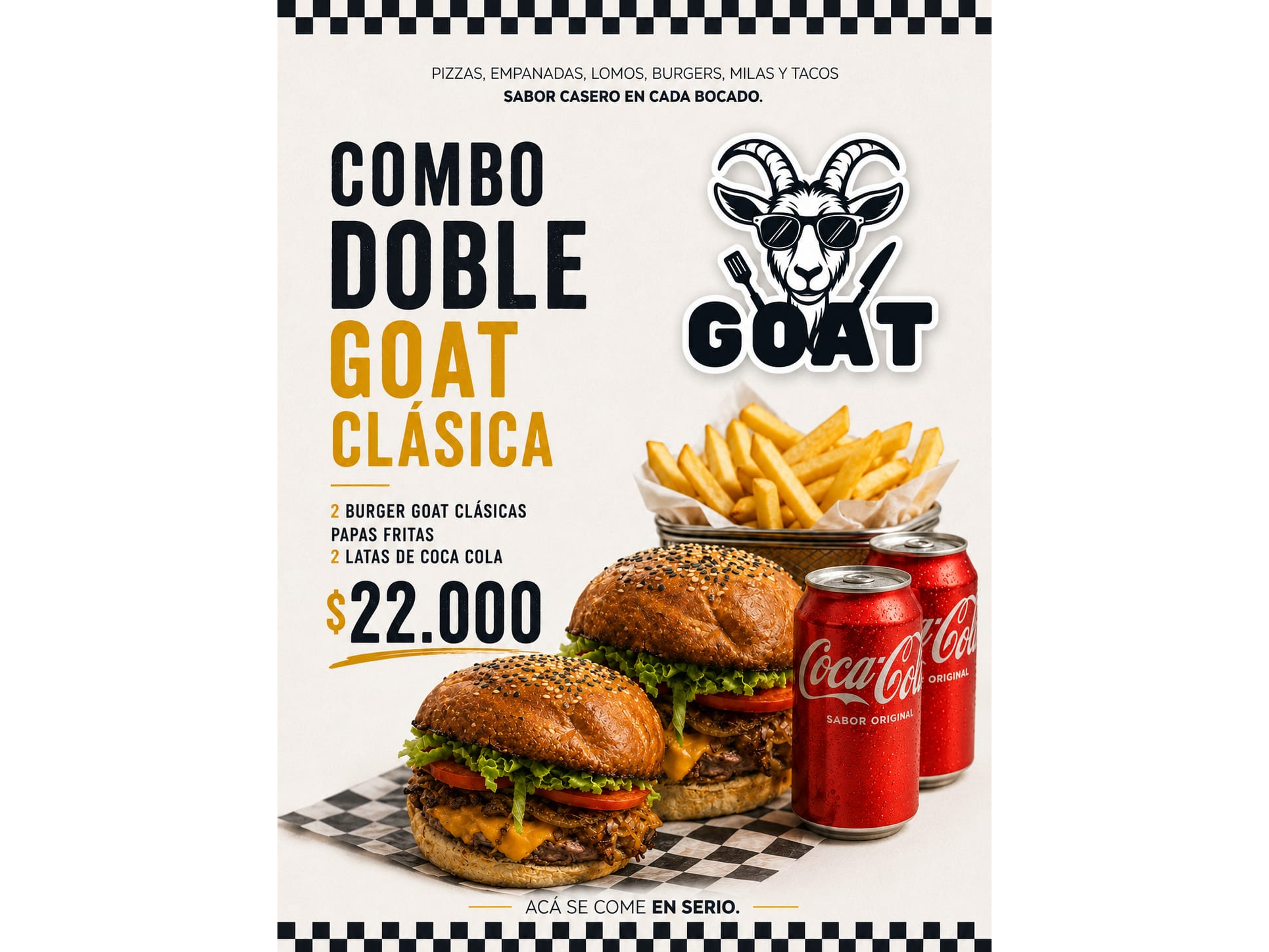 2 BURGUER GOAT CLASICA + PAPAS FRITAS + 2 LATAS DE COCA COLA