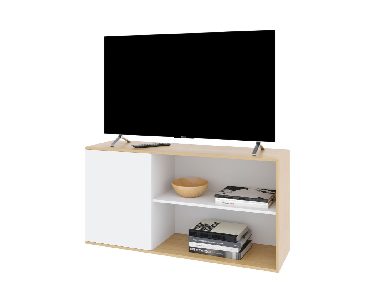 Rack TV Mueble Para Smart TV DVS02RNB Roble Natural Y Blanco Con Puertas Y Estantes