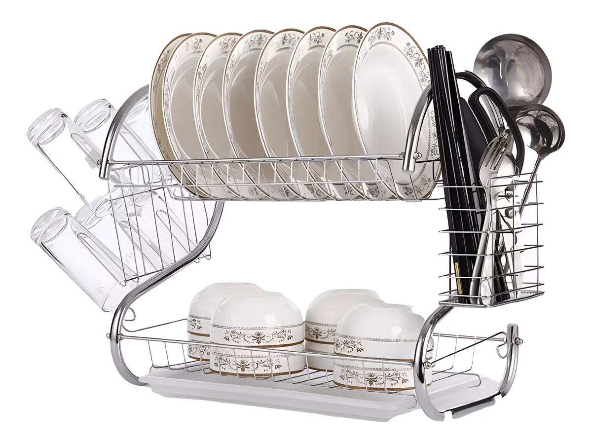 Secaplatos Acero Cromado Waggs Dos Pisos con Cubiertero y Secavasos (16  cuotas semanales)