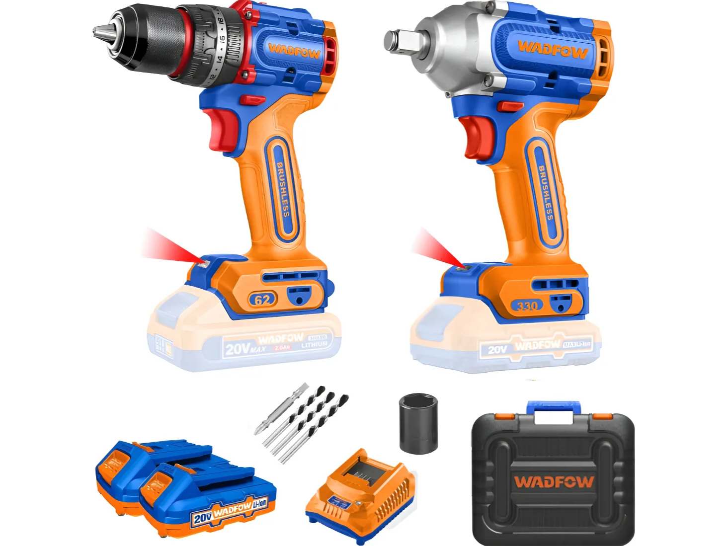 Combo Taladro Percutor 62nm + Llave Impacto 330nm Brushless Wadfow (16 cuotas semanales)