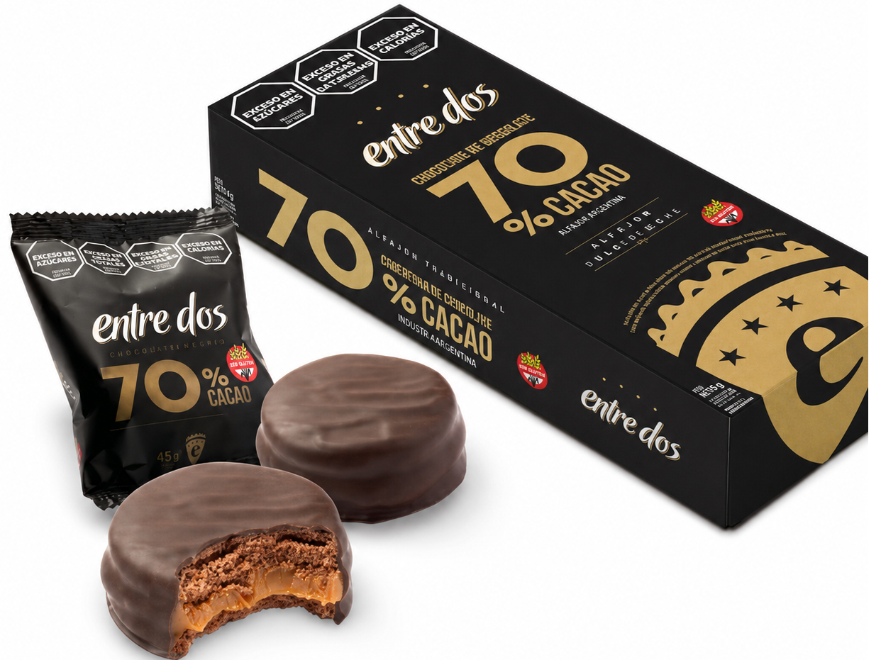 Estuche x 6u. Alfajores 70% Cacao SIN GLUTEN Entre Dos x 45g.