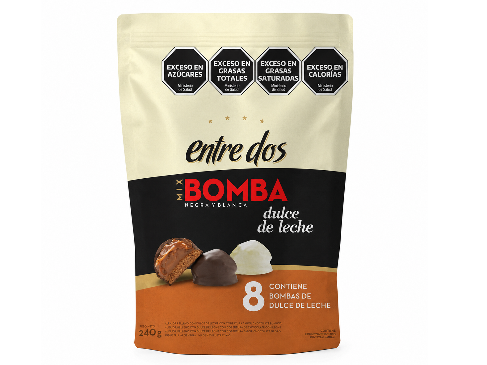 Doypack Bomba Dulce de leche Entre Dos - 8 Un. Negro y Blanco x 30g