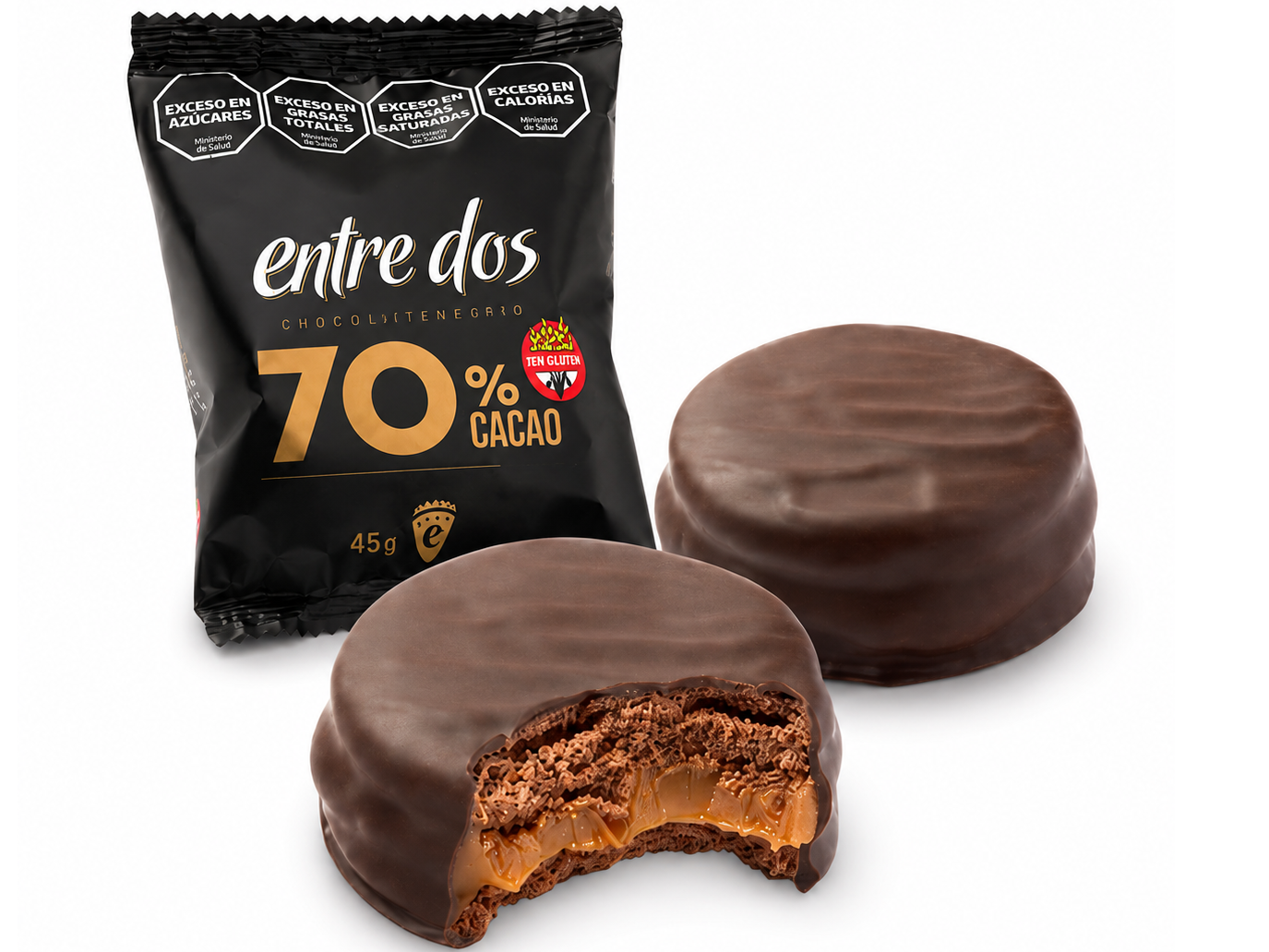 Caja x 18u. Alfajores 70% Cacao SIN GLUTEN Entre Dos x 45g.