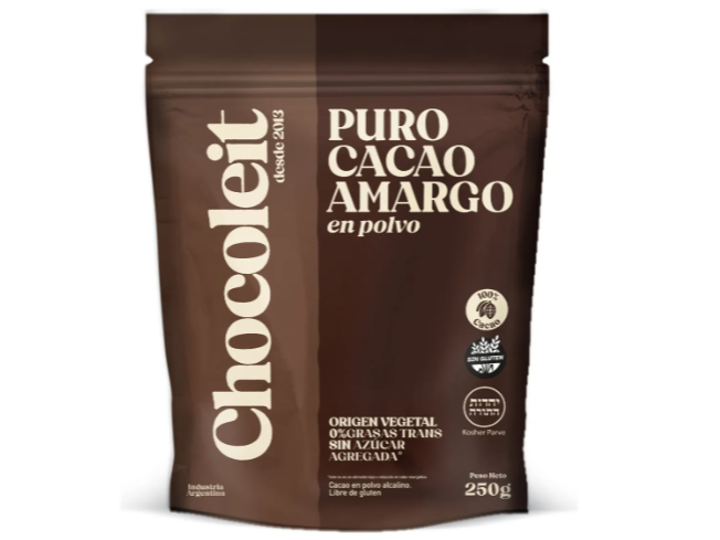 4 Unidades de Doypack Cacao Puro Amargo en polvo Chocoleit 250grs. S/azúcar S/tacc
