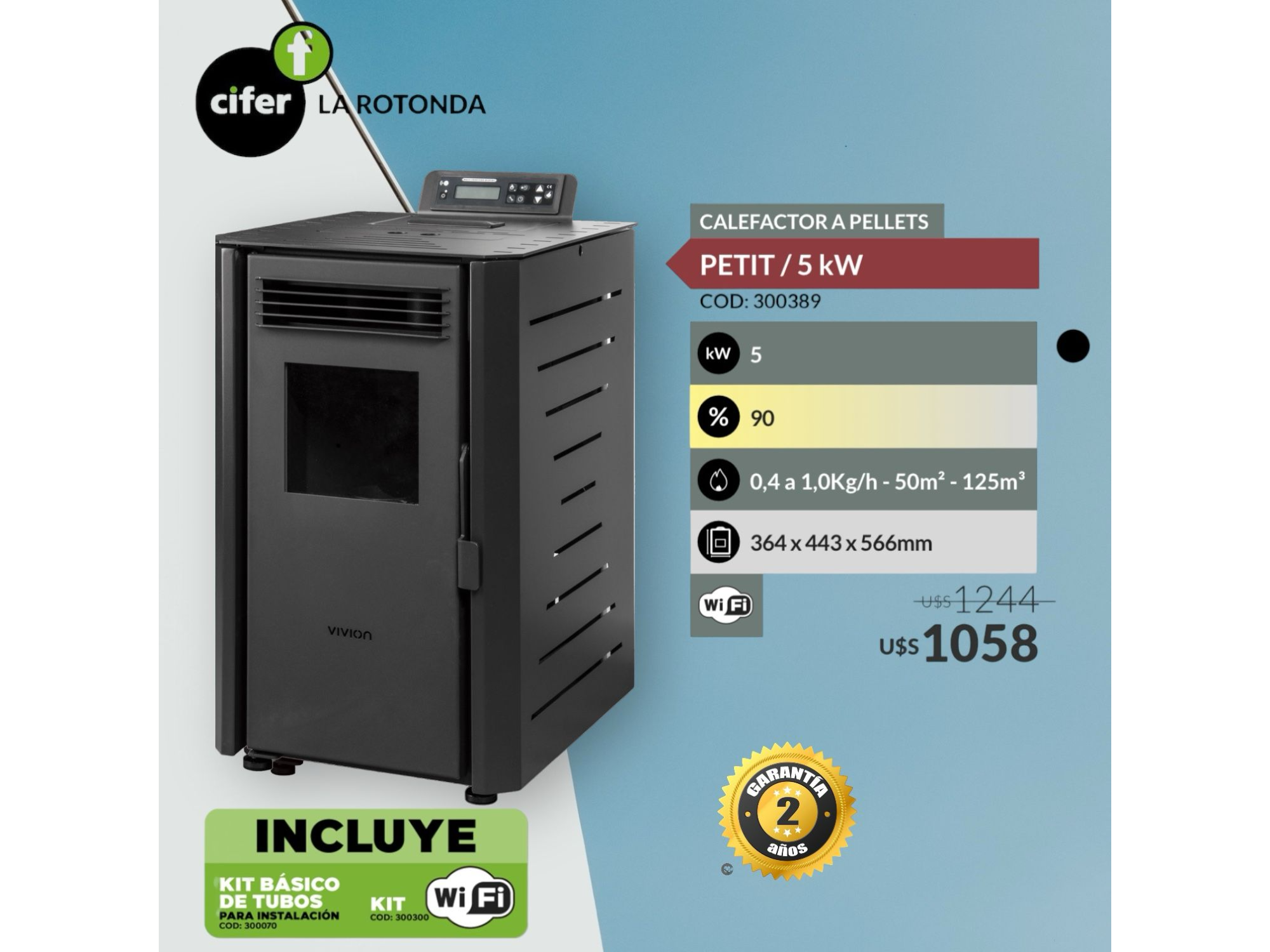 CALEFACTOR A PELLET VIVION  PETIT /5KW + KIT INSTALACION DE REGALO