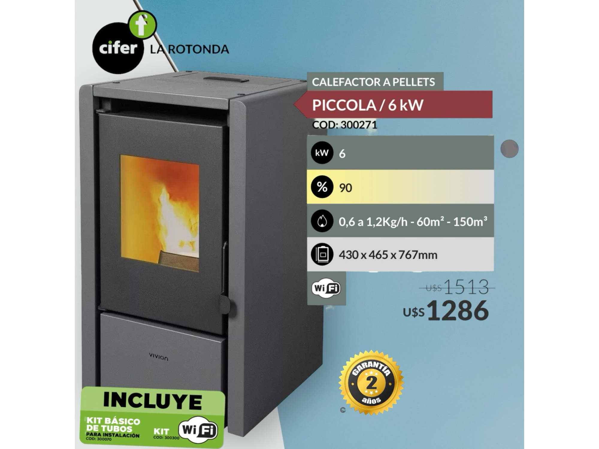 Calefactor Pellet PICCOLA / 60m² / Kit Instalación (VIVION)