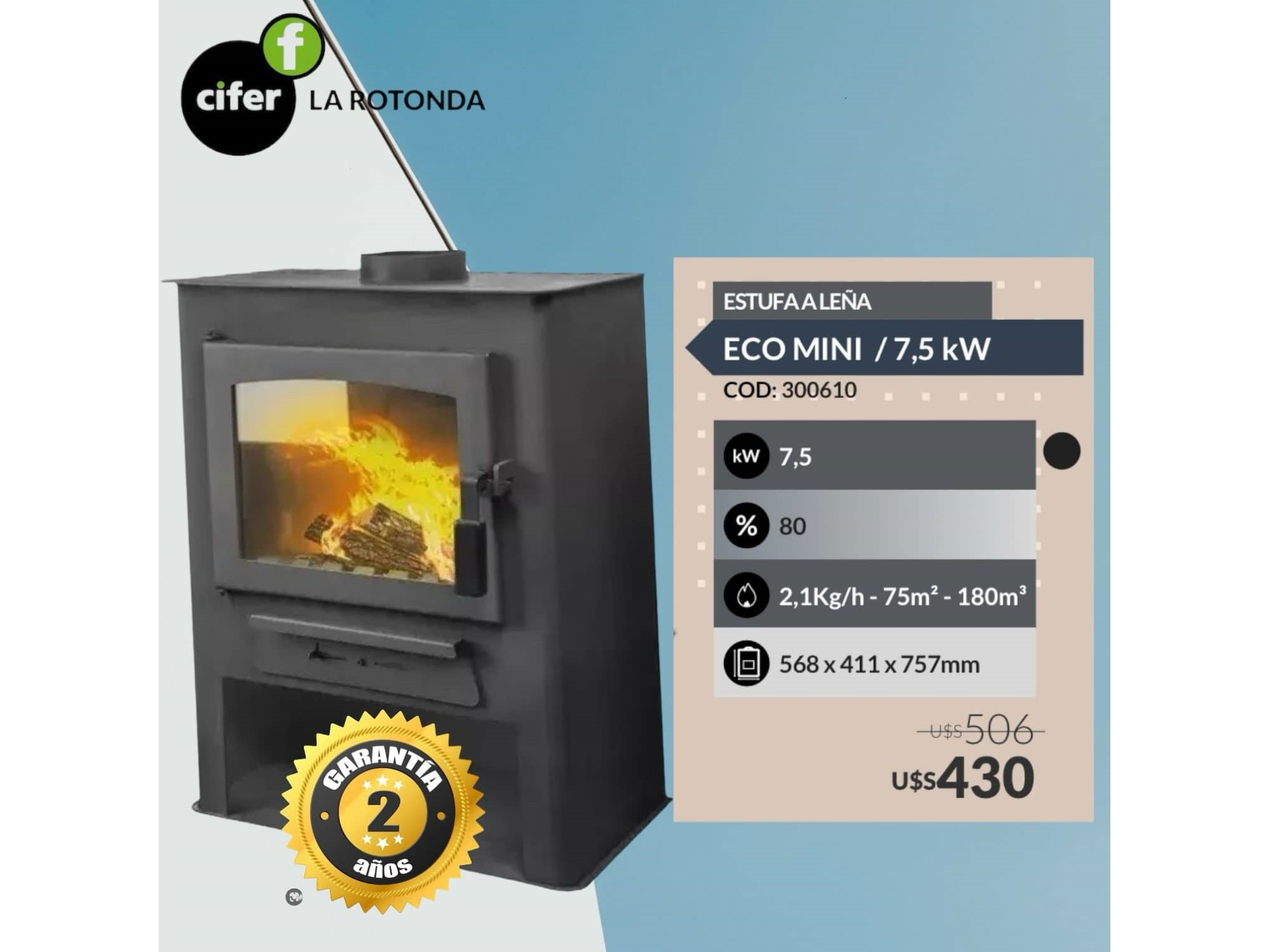 Estufa A Leña Alto Rendimiento Vivion Eco Mini - 7,5kw