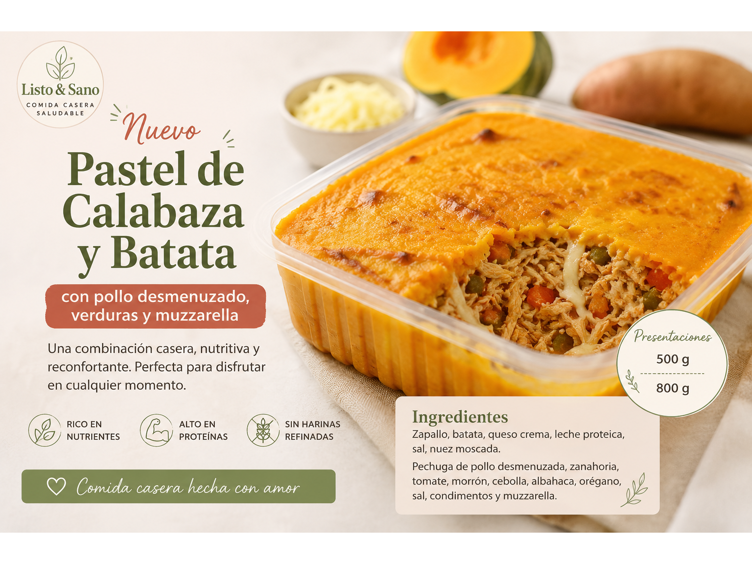 Pastel de batata y calabaza con pollo desmenuzado