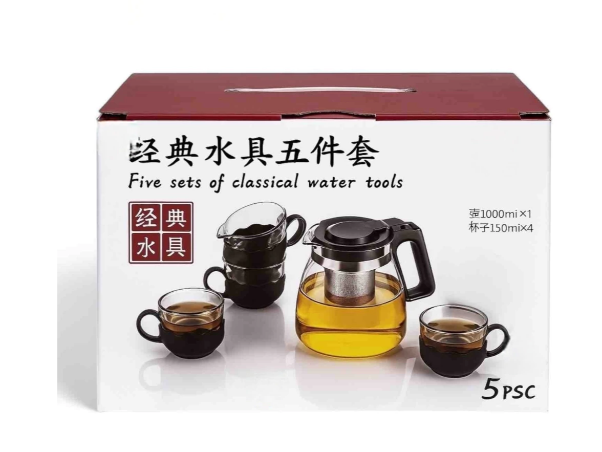 Tetera de Vidrio con Infusor Metálico y 4 Tazas