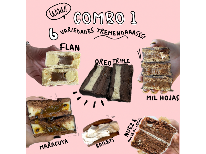 6 VARIEDADES DE ALFAJORES ( FLAN CON DULCE DE LECHE /OREO/MARACUYA/MIL HOJAS / BAILEYS/NUEZ Y DULCE DE3 LECHE )