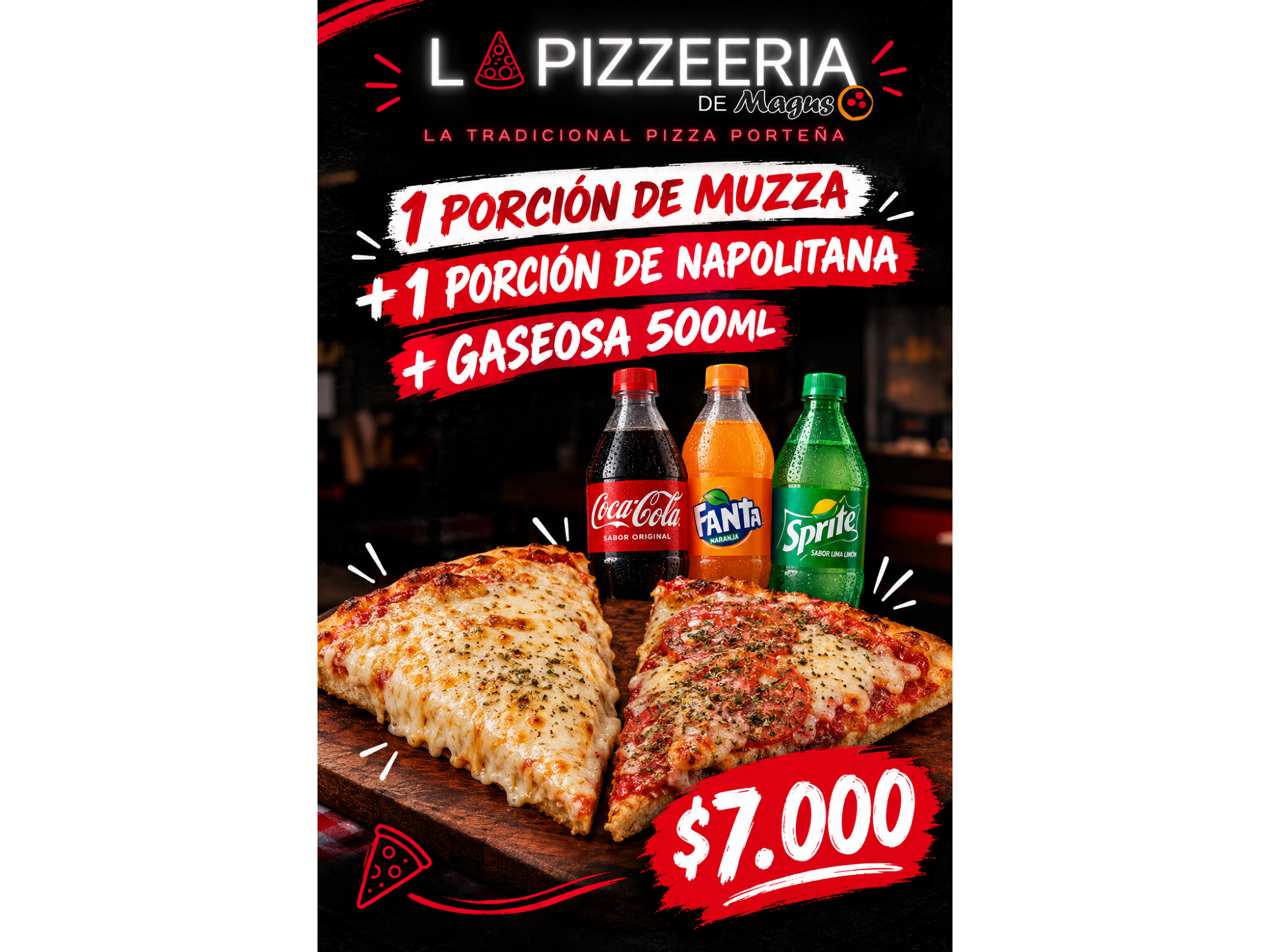 1 PORCION MUZZA + 1 PORCION NAPO + COCA COLA 500ML