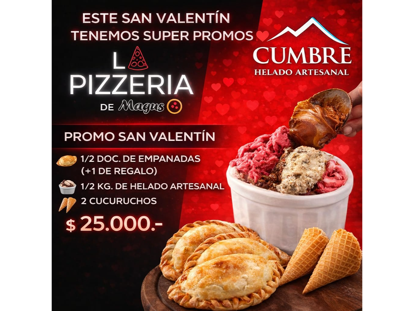 6 EMPANADAS + 1 DE REGALO + 1/2 KG DE HELADO ARTESANAL