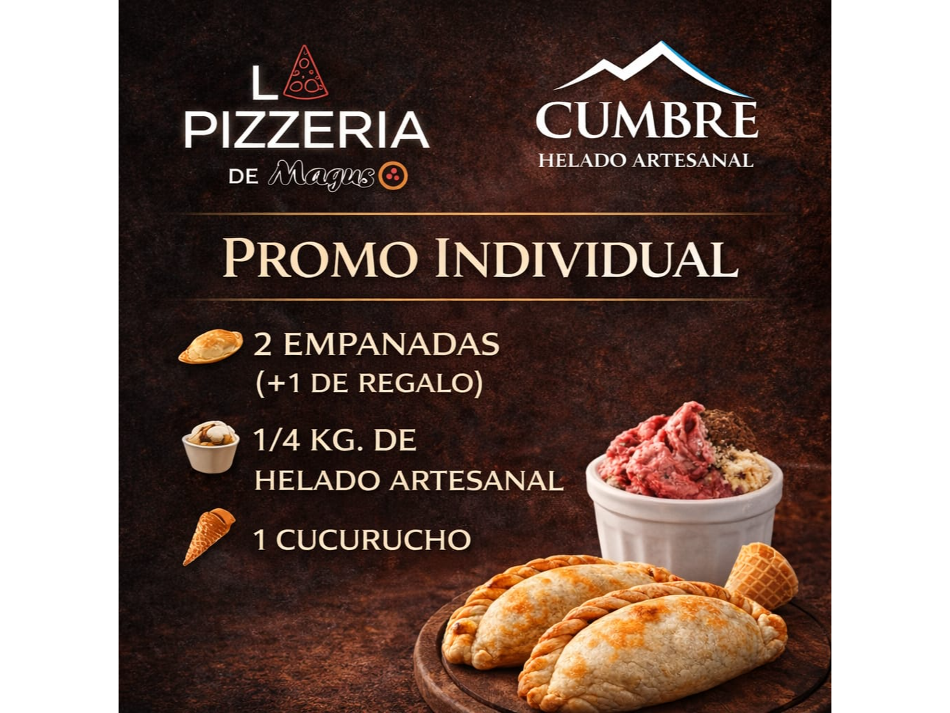 3 EMPANADAS + 1/4 KG DE HELADO ARTESANAL