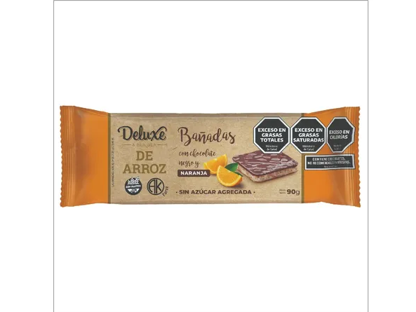 CUADRADITOS DE ARROZ BAÑADOS CON CHOCOLATE NEGRO Y NARANJA S/GLUTEN DELUXE 90 gr