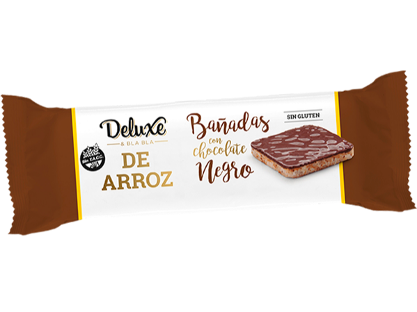 CUADRADITOS DE ARROZ BAÑADOS CON CHOCOLATE NEGRO S/GLUTEN DELUXE 115 gr