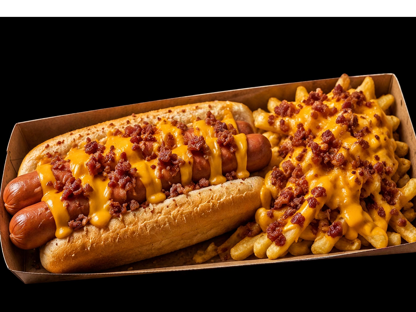 Pancho doble + papas fritas con chedar y bacon