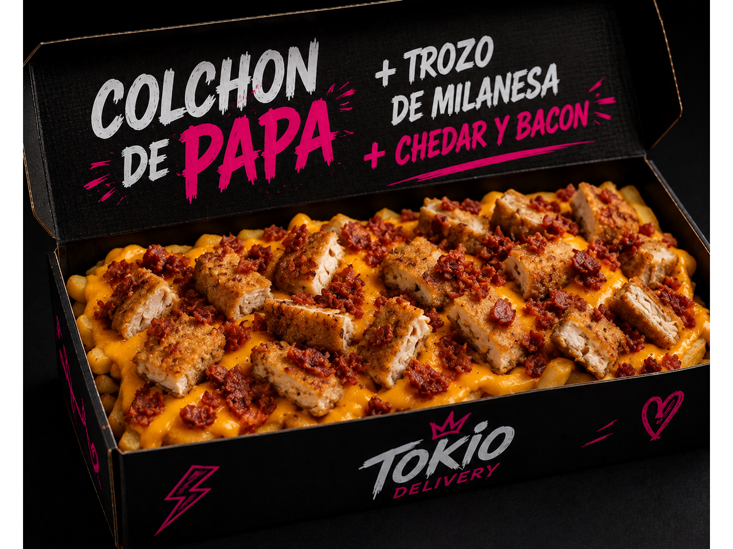 Colchon de papa + trozo de milanesa + chedar y bacon