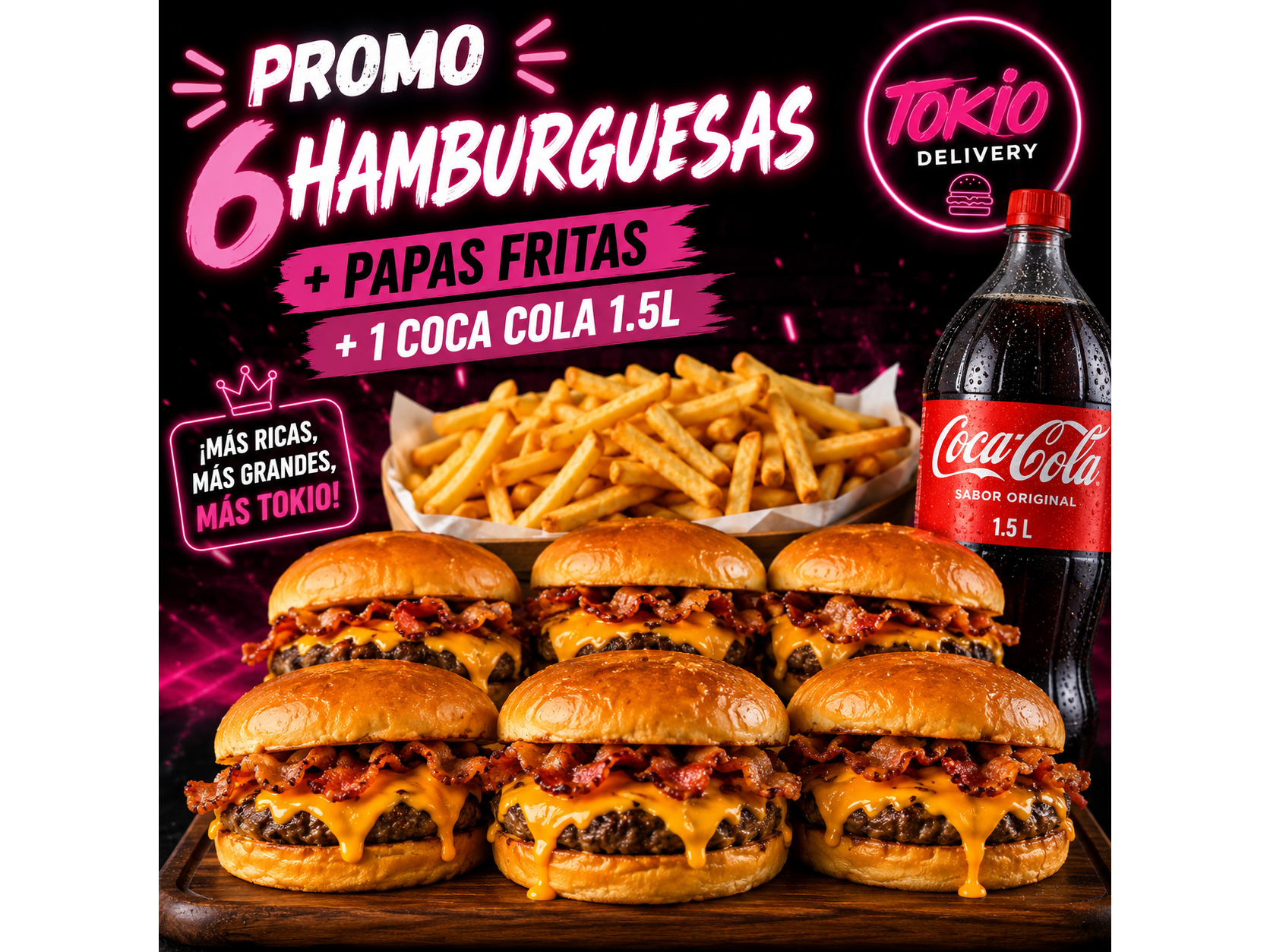 Promo de 6 hamburguesas doble + papas + coca de 1.5