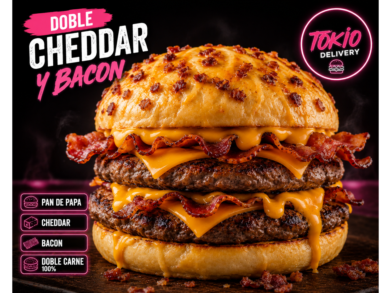 Hamburguesa doble chedar y bacon + papas