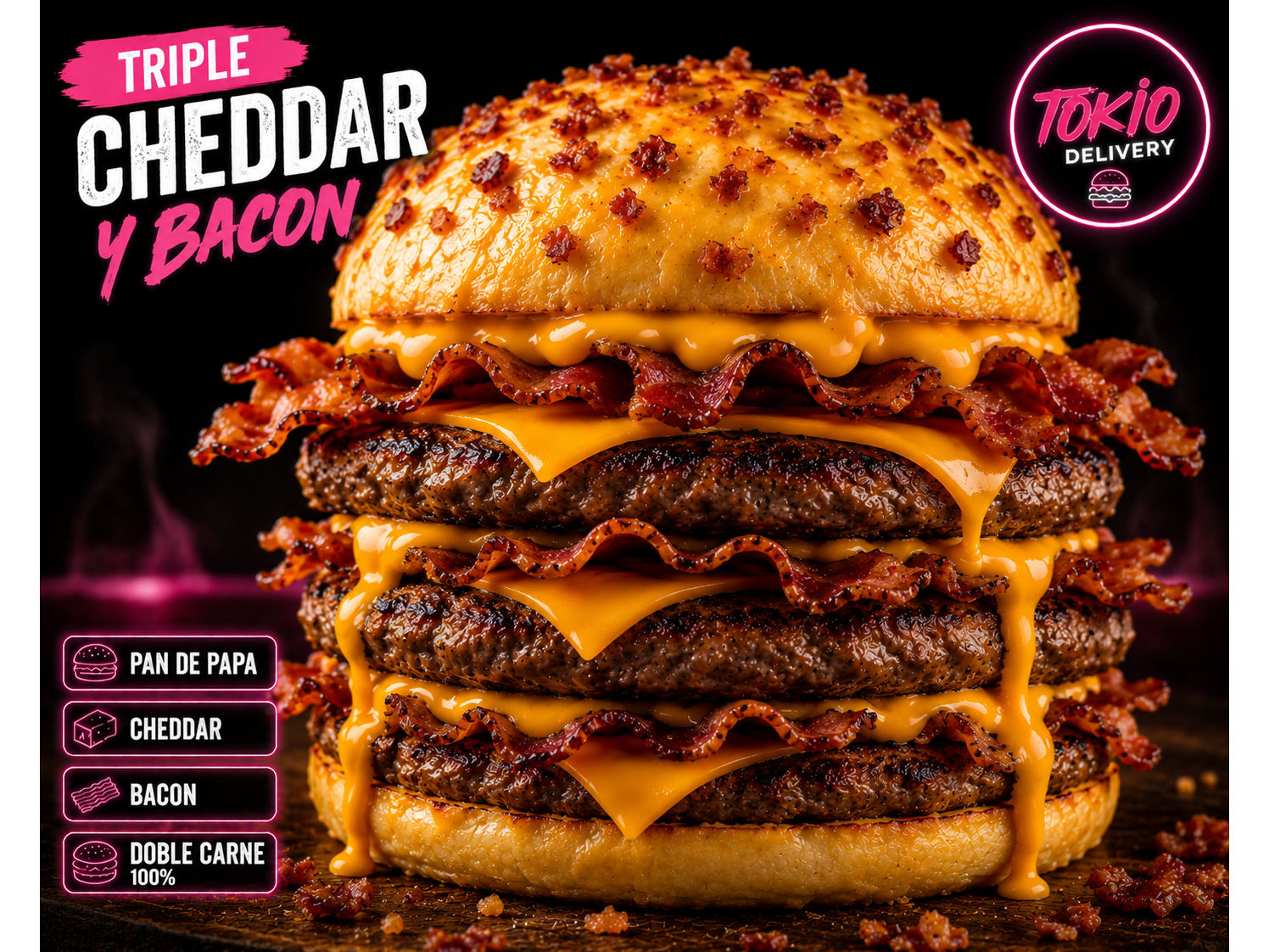 Hamburguesa triple chedar y bacon + papas