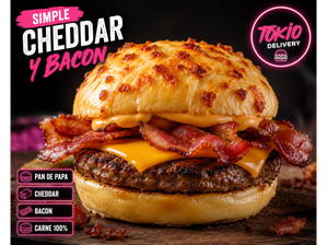 Hamburguesa simple chedar y bacon + papas de Tokio delivery