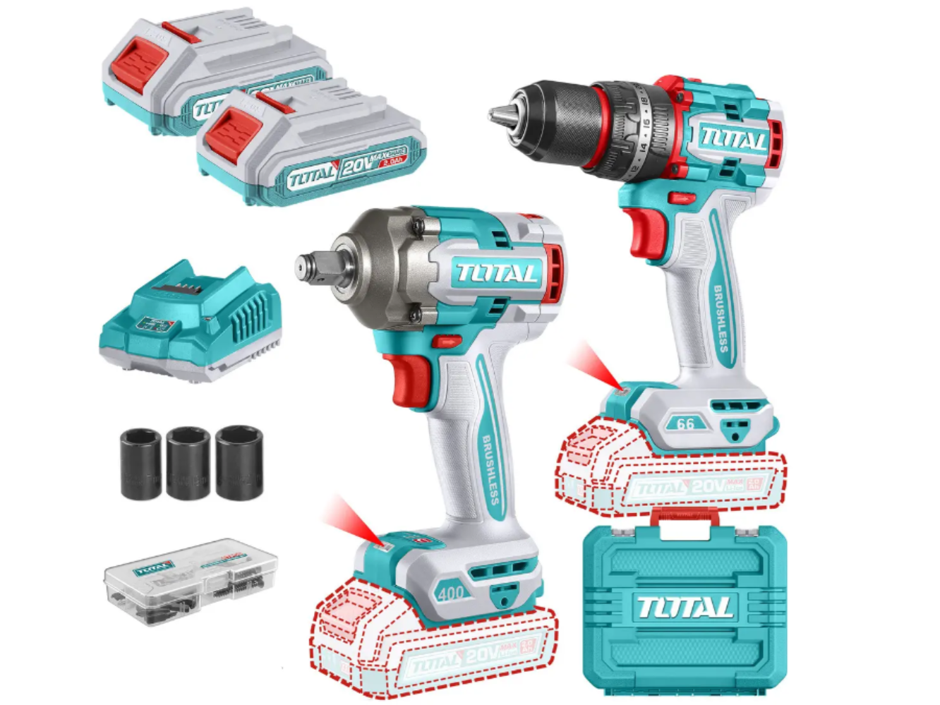 Kit Inalámbrico Total sin Carbones Llave Impacto 1/2'' 400nm y Atornillador con Percutor 66nm con 2 Baterías 2.0ah Litioion Cargador Maletín Dados y Punta