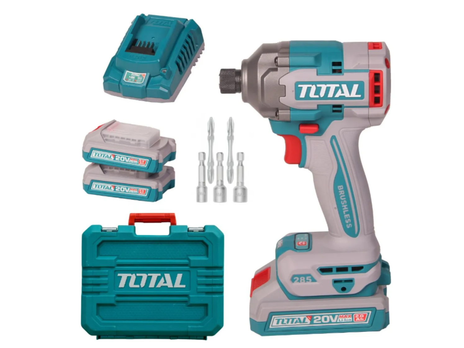 Atornillador De Impacto Brushless Total Incluye 2 Baterias, Cargador y Accesorios