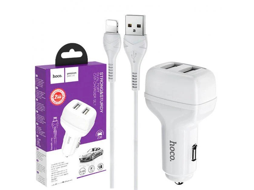 CARGADORES HOCO 12V-24V 2 PUERTOS USB 2.4A AUTO  HOCO CARGADOR Z36 LIGHTNING BLANCO