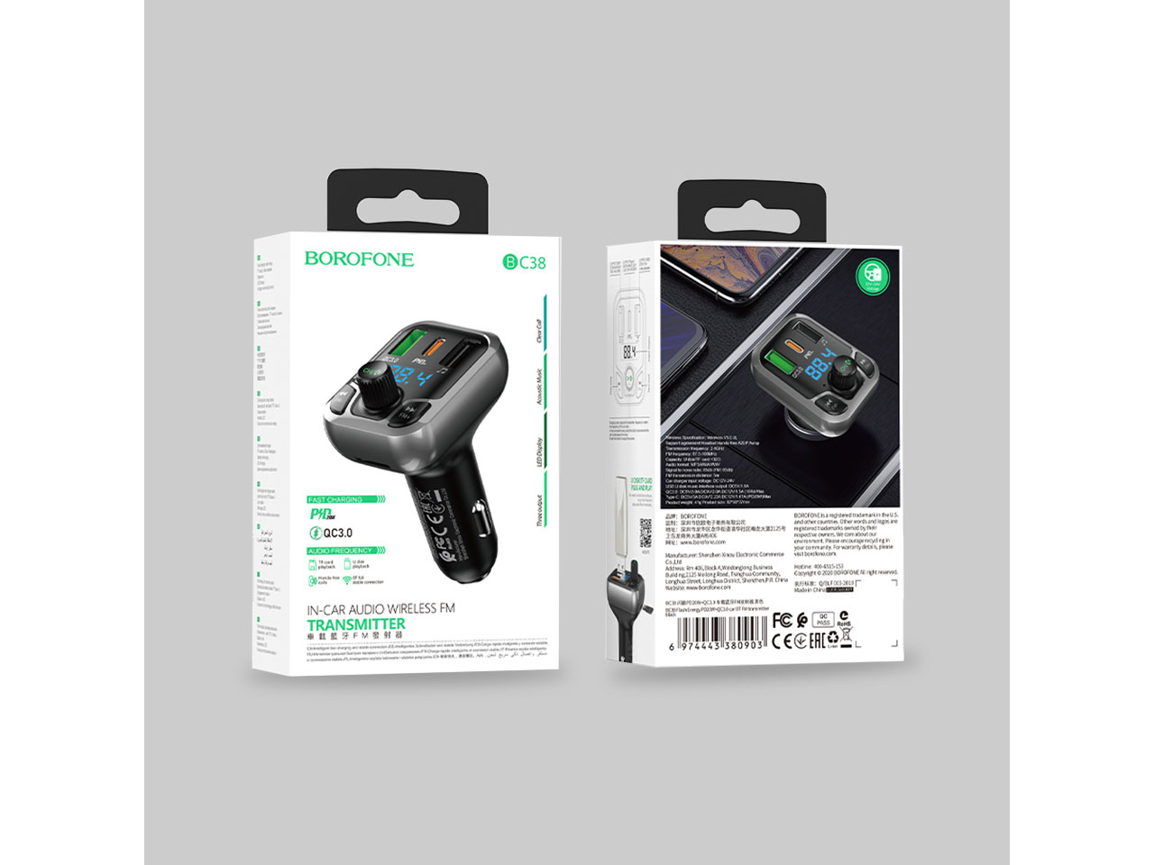 CARGADORES BOROFONE 12V-24V 1P USBQC/1P USB/1P C/BT FM AUTO  BOROFONE CARGADOR TRANSMISOR BT FM