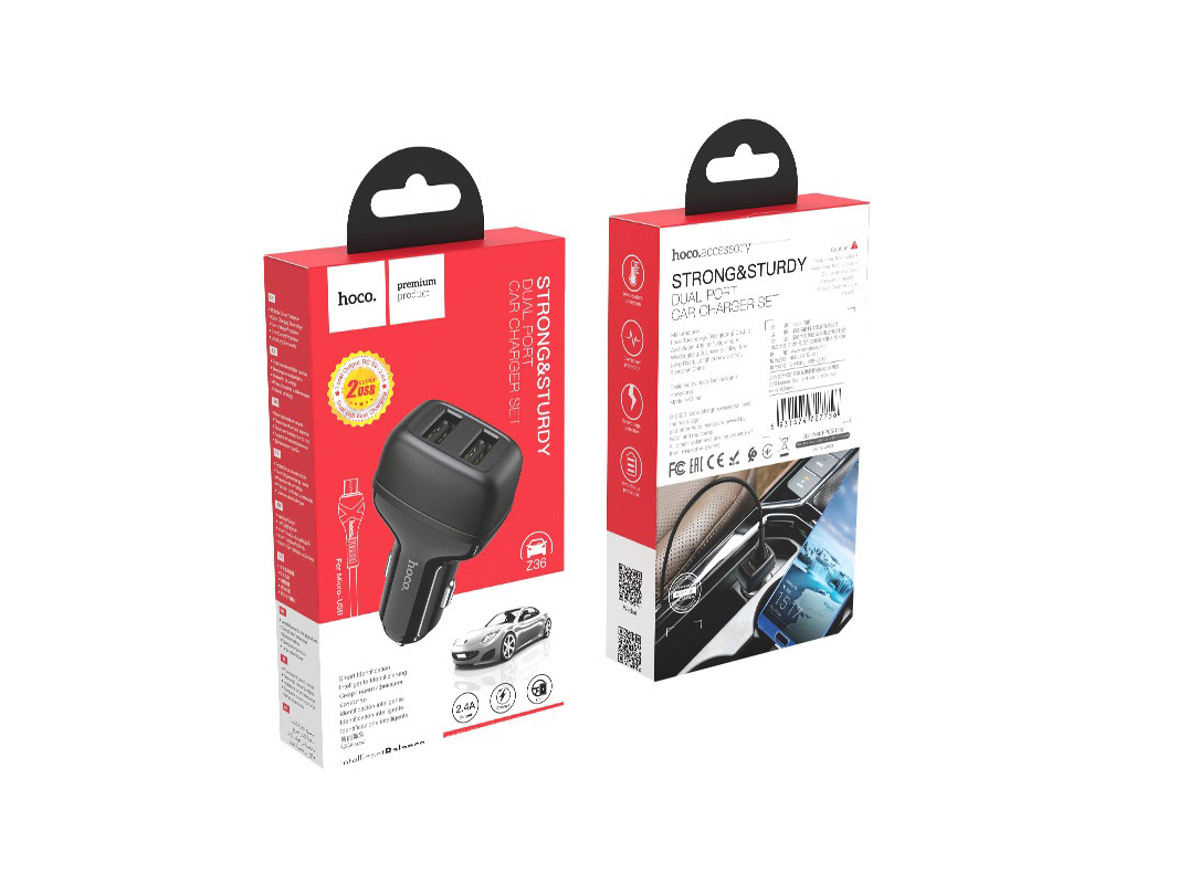 CARGADORES HOCO 12V-24V 2 PUERTOS USB 2.4A AUTO  HOCO CARGADOR Z36 MICROUSB NEGRO