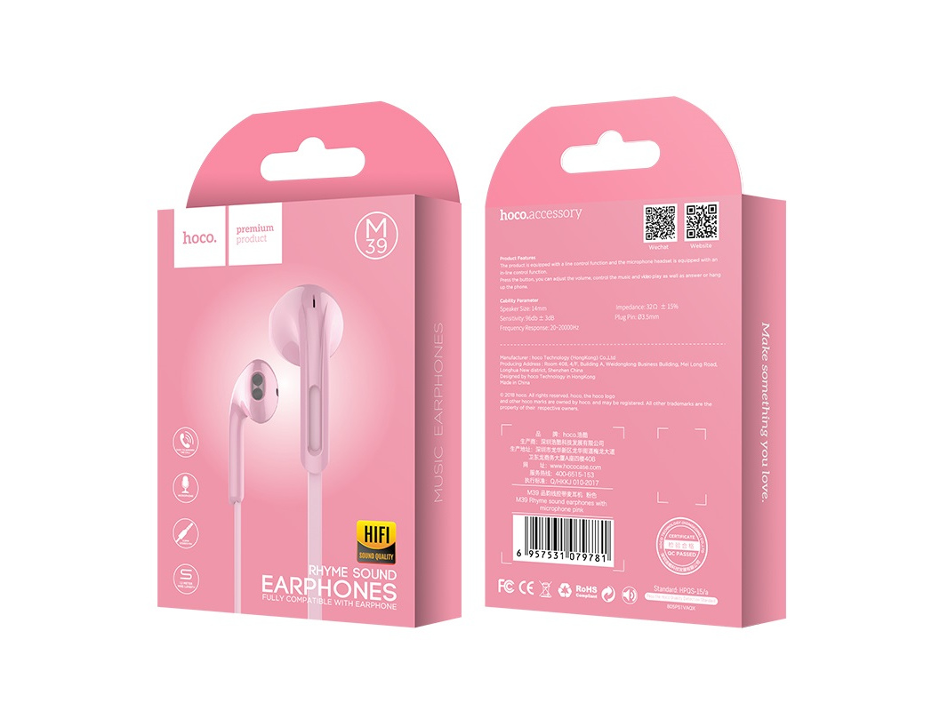 AURICULARES HOCO  M39 INEAR PLUG 3.5MM ROSA