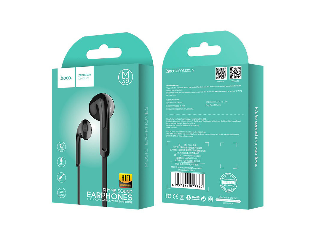 AURICULARES HOCO  M39 INEAR PLUG 3.5MM NEGRO