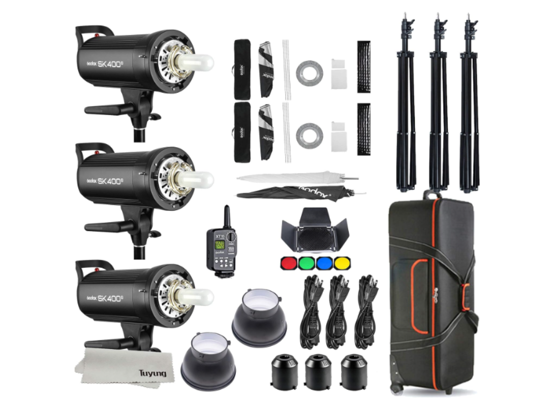 Kit de Iluminación Profesional Godox SK400II – 3 Flashes de Estudio 400Ws – Accesorios