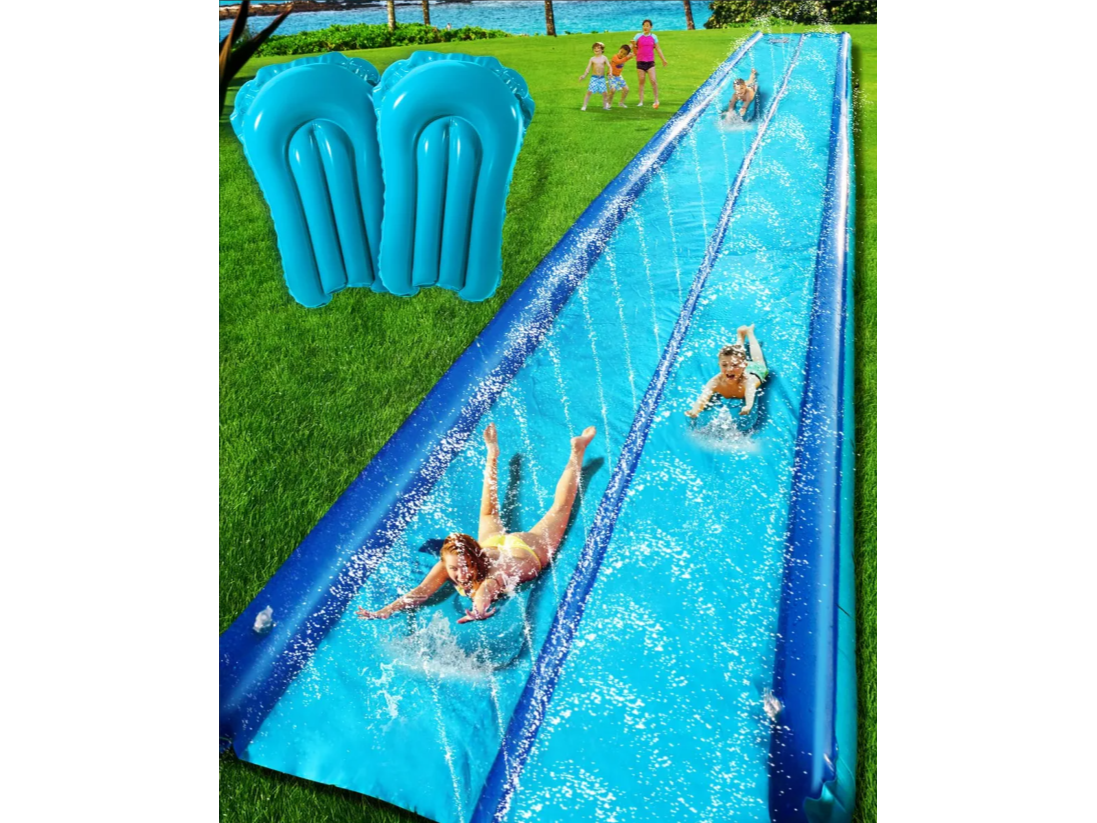 Tobogán Acuático Inflable Doble Carril 6,7 Metros – Tema Tiburón – Con Rociadores y Tablas