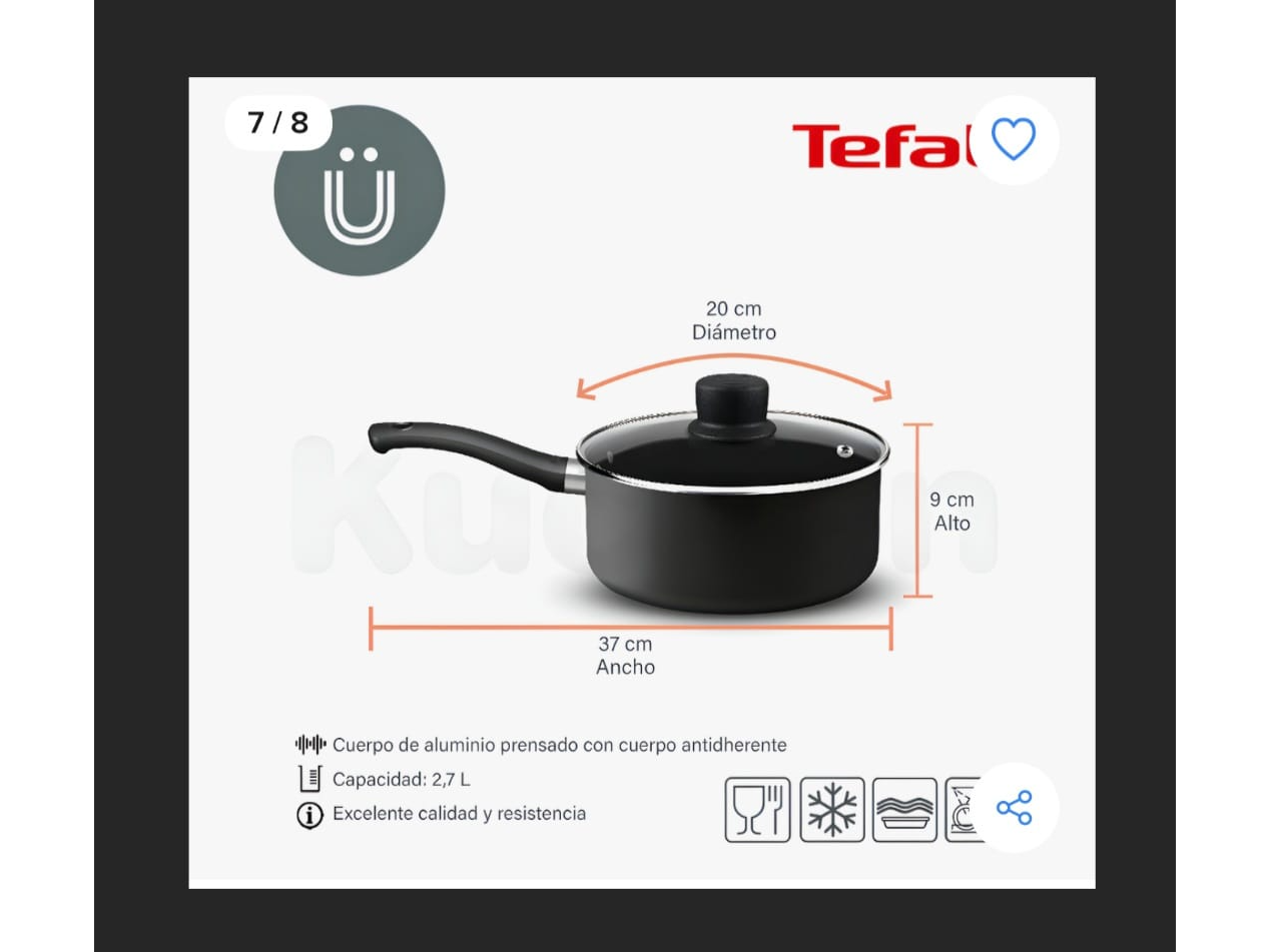 Cacerola Tefal Con Mango 20 Cm Teflon Antiadherente - Color Negro