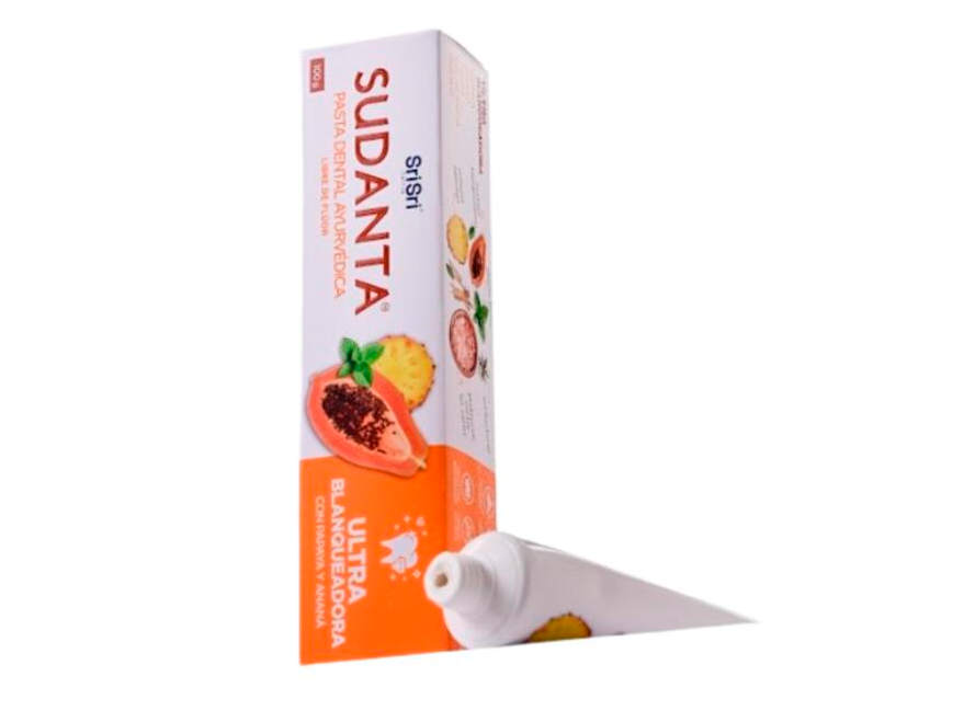 PASTA DENTAL AYURVÉDICA ULTRA BLANQUEADORA CON PAPAYA Y ANANA x 100gs - SUDANTA -