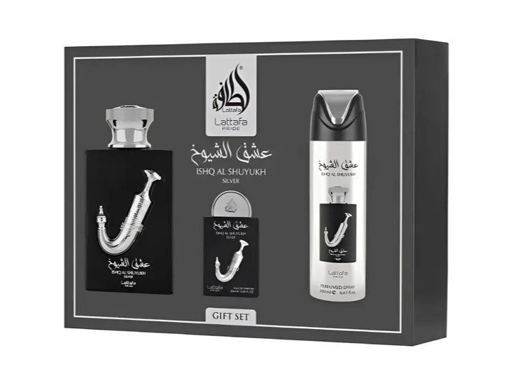 Kit Perfume Lattafa Pride Isqhq Al Shuyukh Silver Edp 100ML + Spray 200ML + Miniatura 20ML - Unissex
