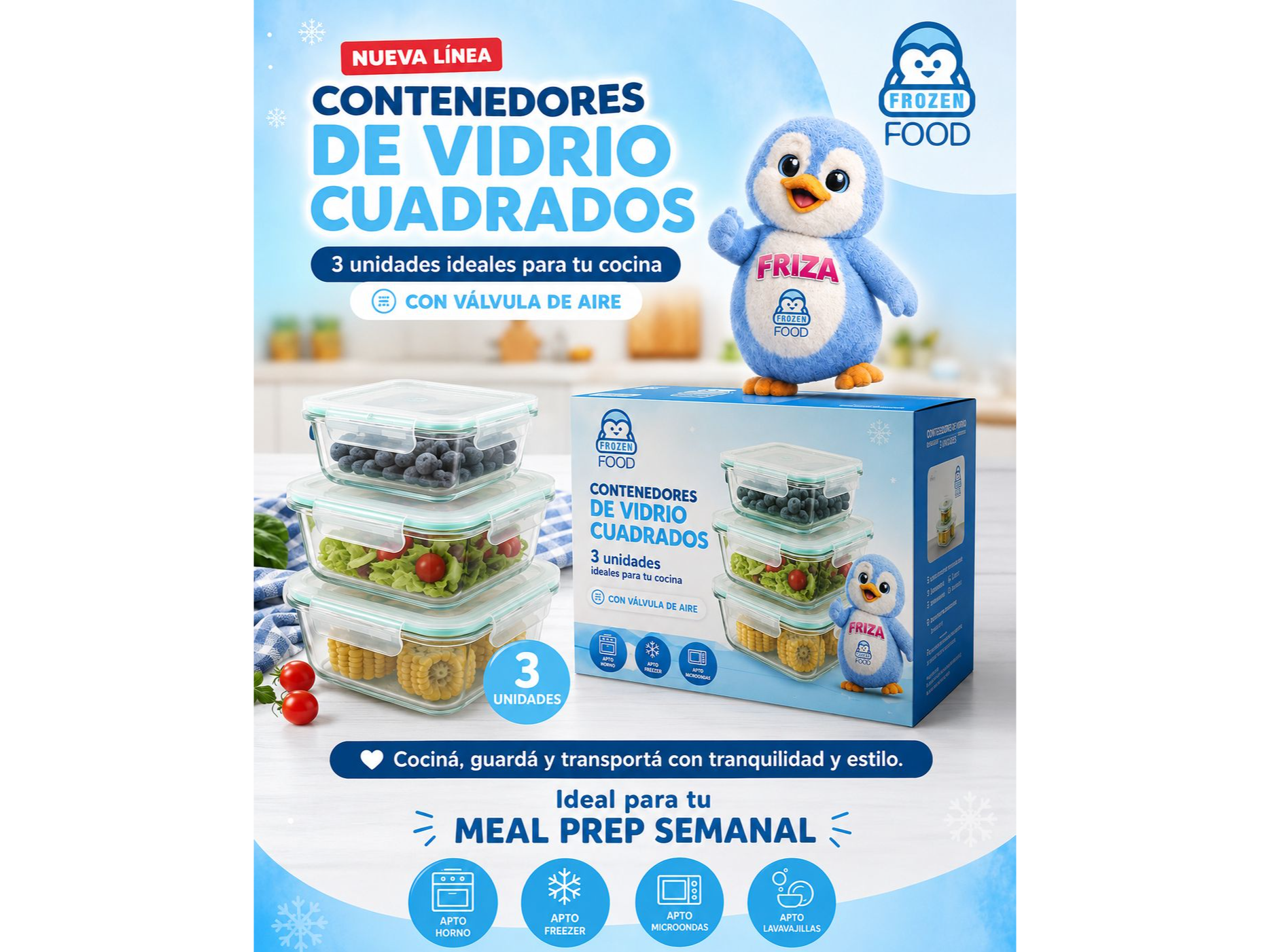 Contenedores de Vidrio Cuadrados x 3 uni