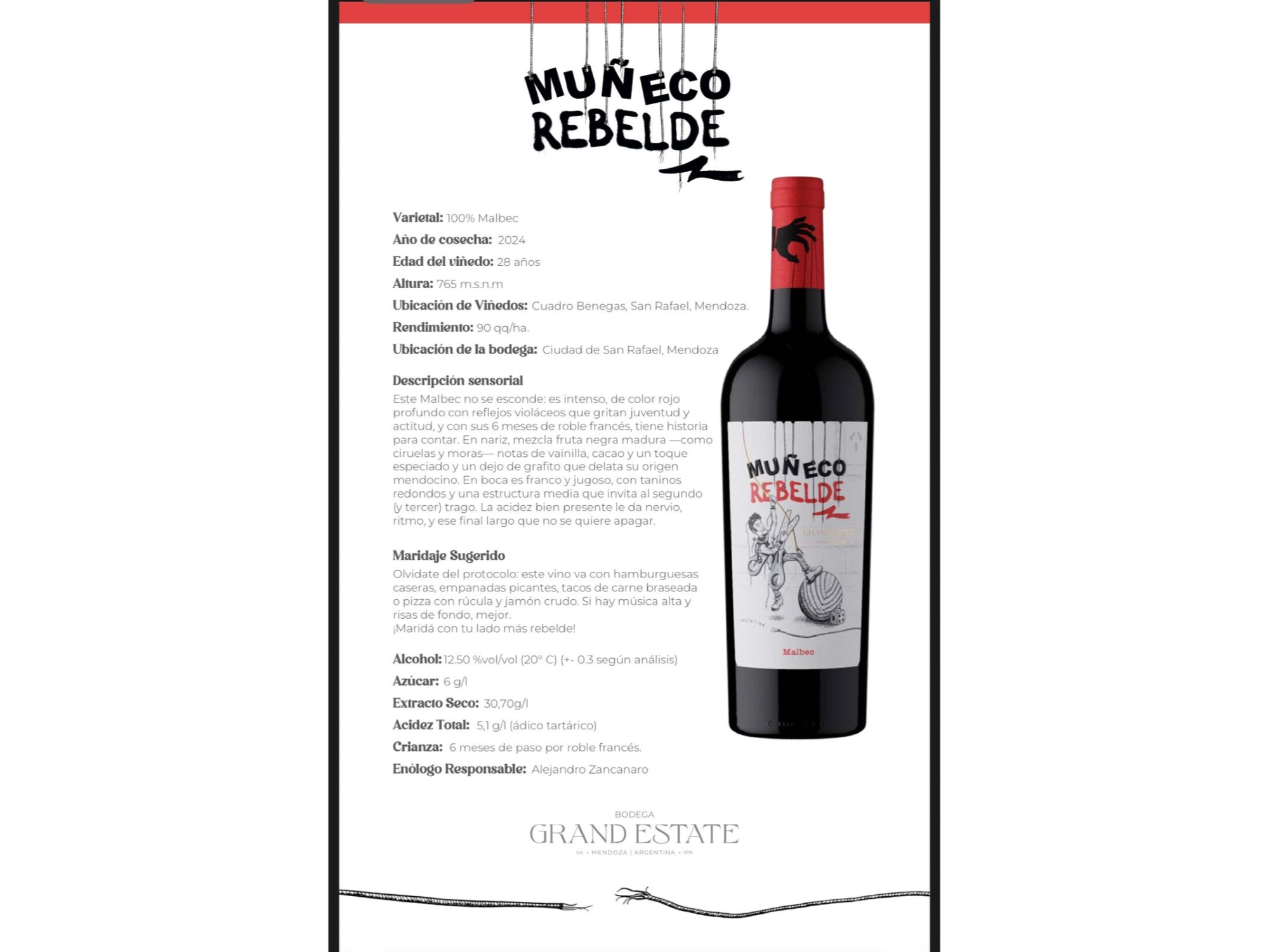Vino muñeco rebelde tinto malbec x750ml