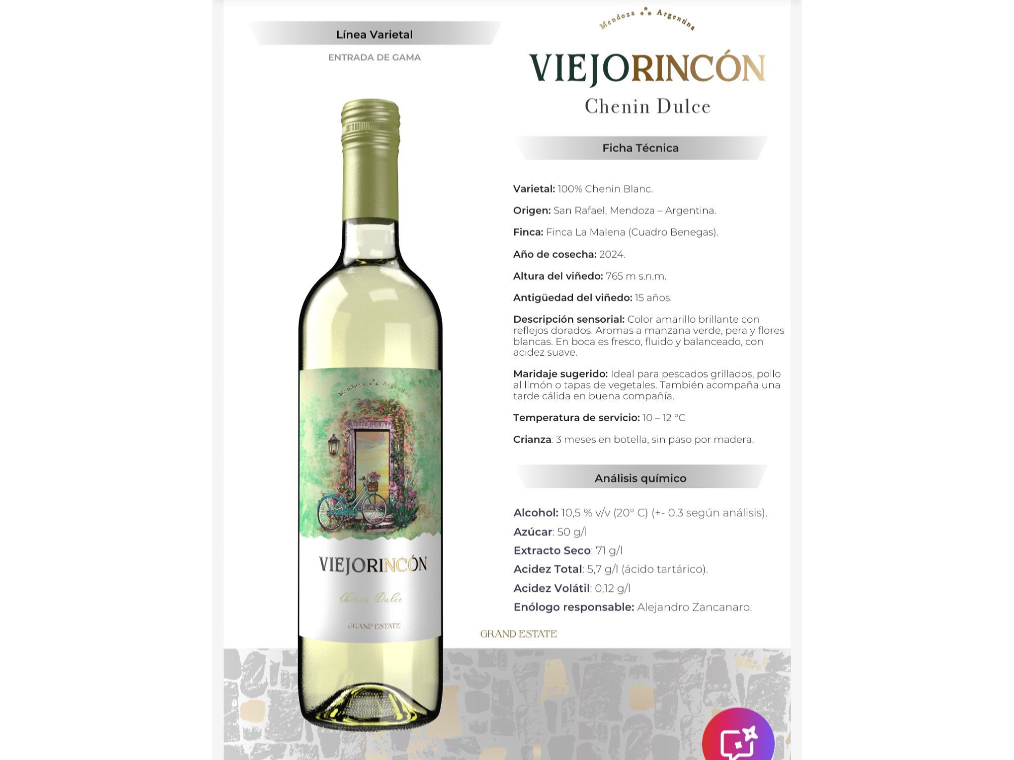 Vino viejo rincon chenin dulce blanco x750ml