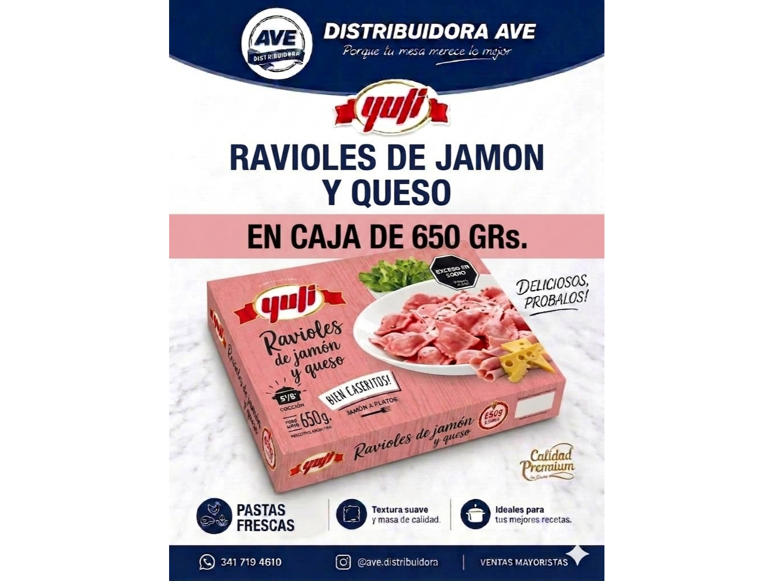 RAVIOLES DE JAMON Y QUESO ( En Caja de 650 Grs).