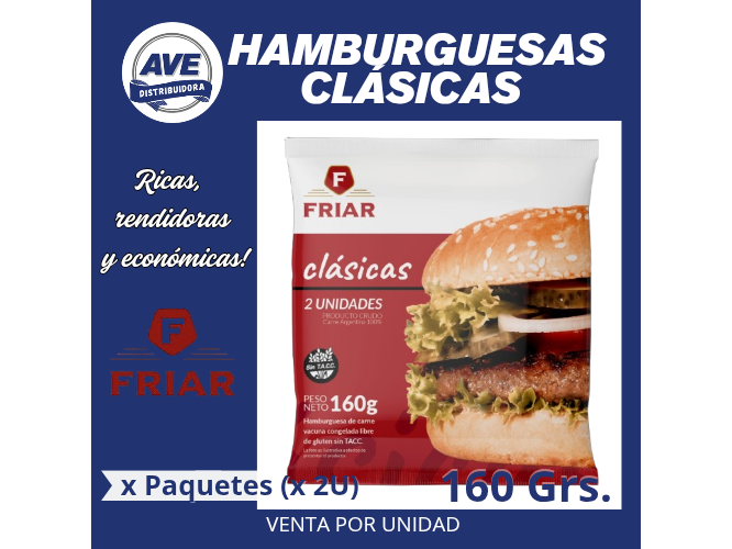 HAMBURGUESAS CLÁSICAS  X160 GRS (COMPRA MINIMA 15 PAQUETES)