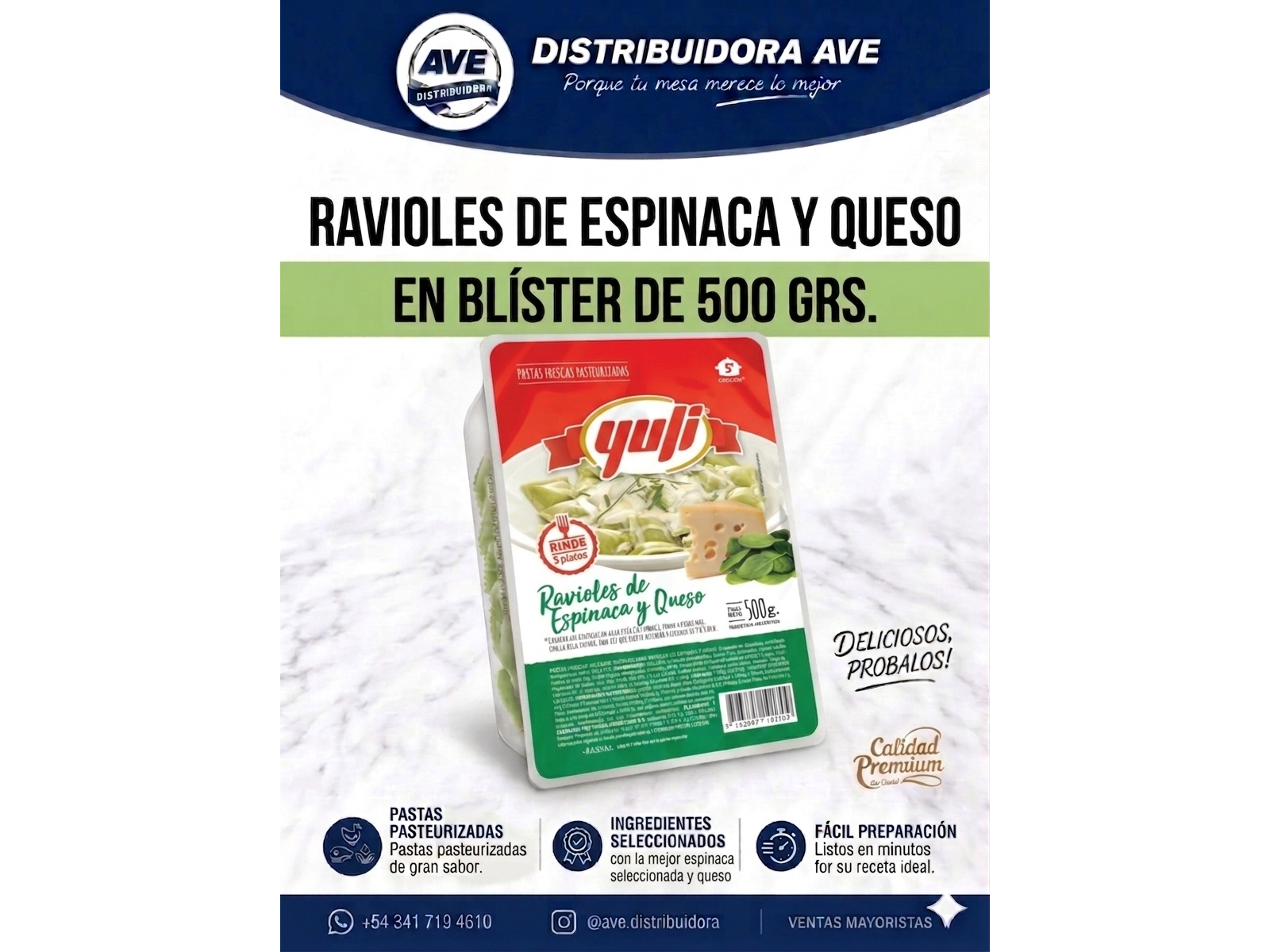 RAVIOLES DE ESPINACA Y QUESO ( x Blister de 500 Grs).
