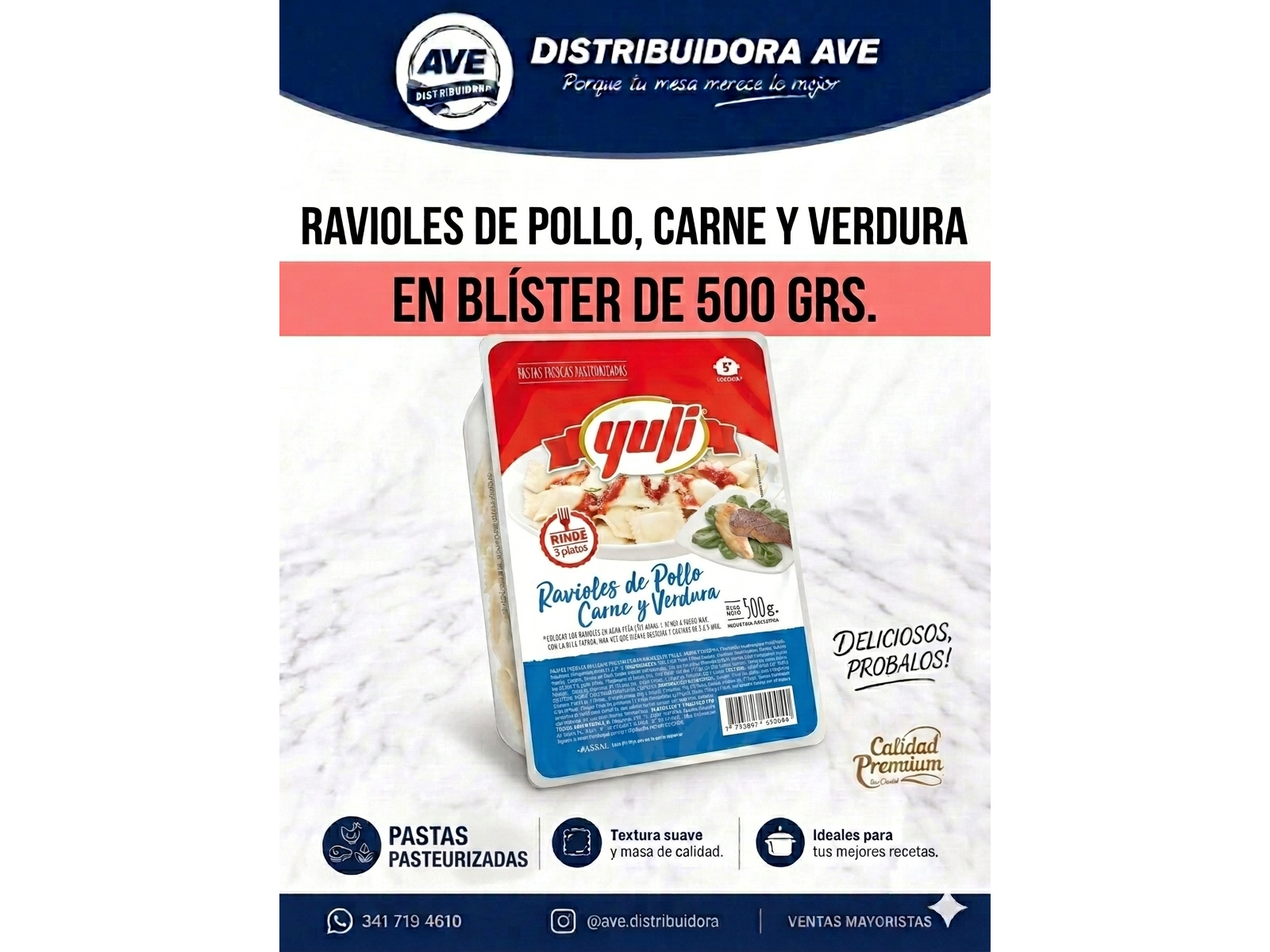 RAVIOLES DE POLLO, CARNE Y VERDURA (x Blister de 500 Grs).