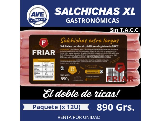 SALCHICHAS XL 890 GRS- PRECIO UNITARIO ( COMPRA MINIMA  4 PAQUETES)