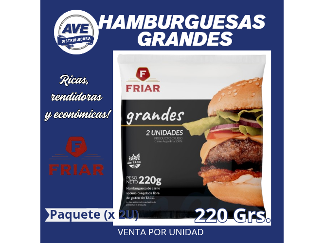 HAMBURGUESAS GRANDES ( MINIMO DE COMPRA 10 PAQUETESx X 2U DE 110  Grs.)