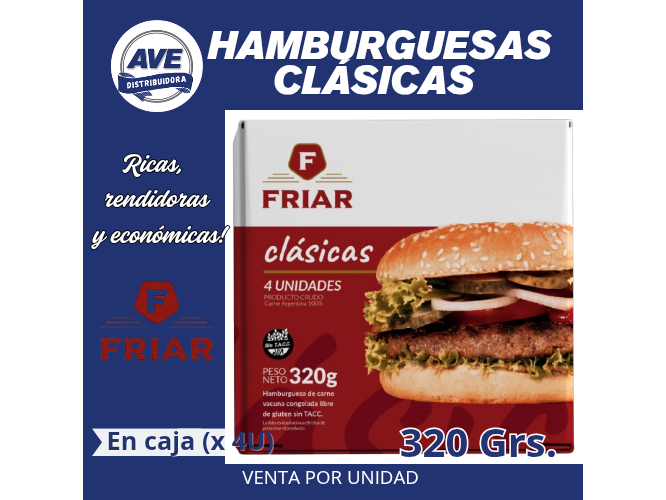 HAMBURGUESAS CLASICAS x 12 CAJAS- (En Caja x 4 Unidades de 320 grs.)